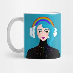 Rainbow girl with blue hair and headphones Mug